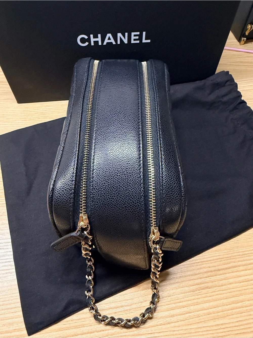 Chanel Black Quilted Caviar Toiletry Case With Chain